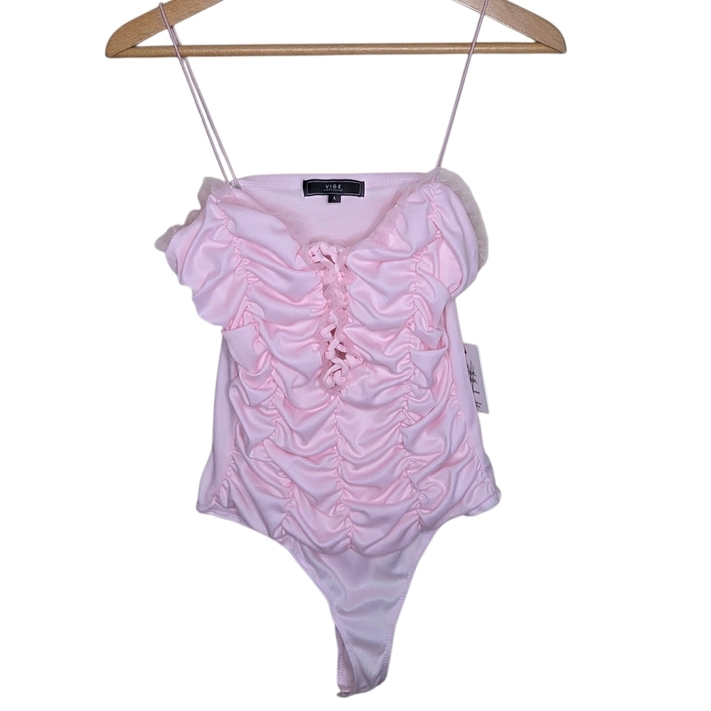 NWT Vibe Sportswear Pale Pink Balletcore Ruffled Cami Bodysuit Size Large Girly